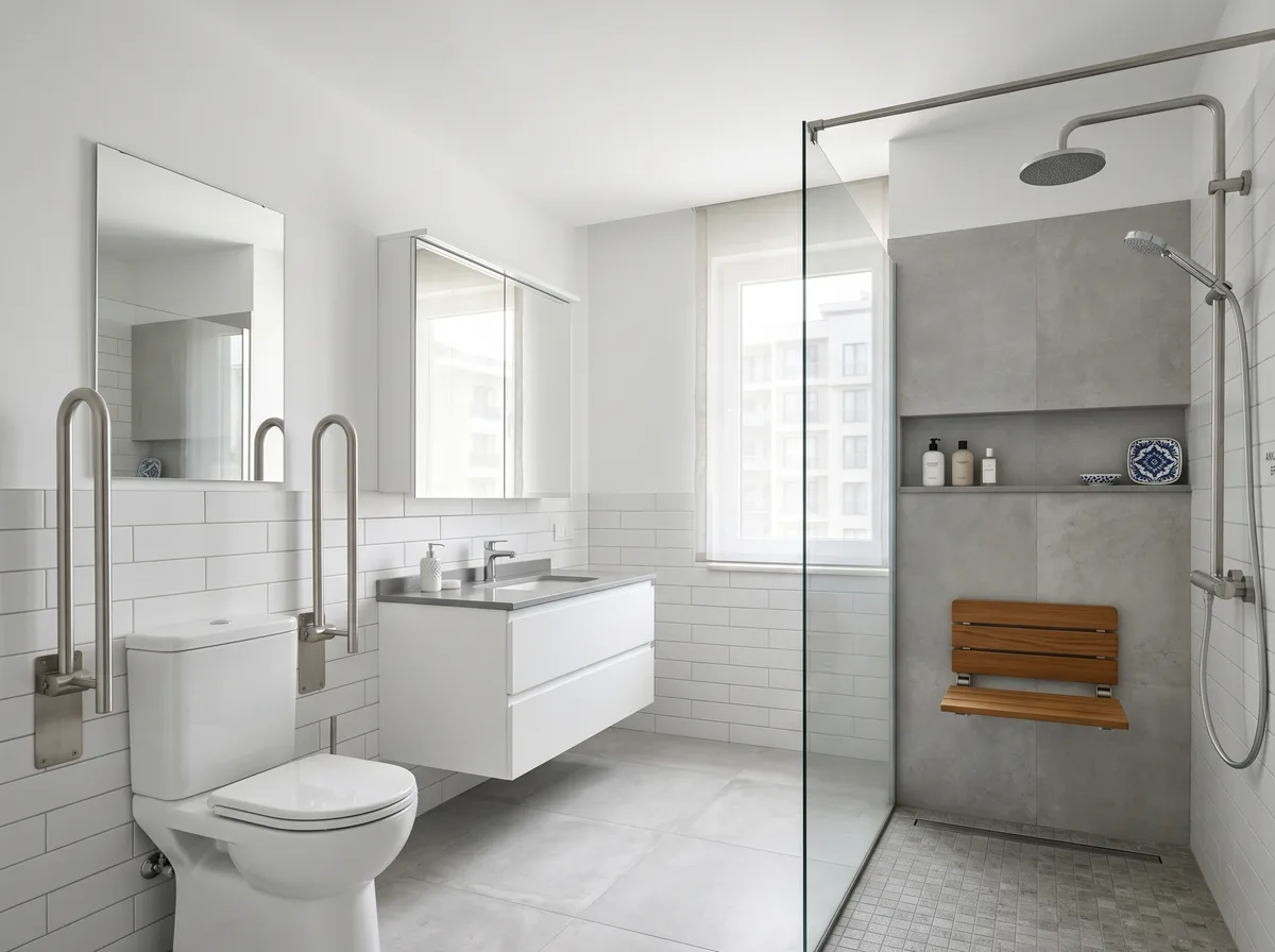 Tutunma desteği ve duş oturağı bulunan banyo